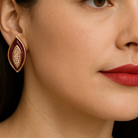 Signed Monet Red Enamel & Rhinestone Earrings – 1 Inch - Picture 1 of 7